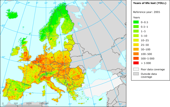 Figura 5: anni totali di vita persi dalla popolazione a causa dell’inquinamento dell’aria (Europe Environment Agency, 2005).